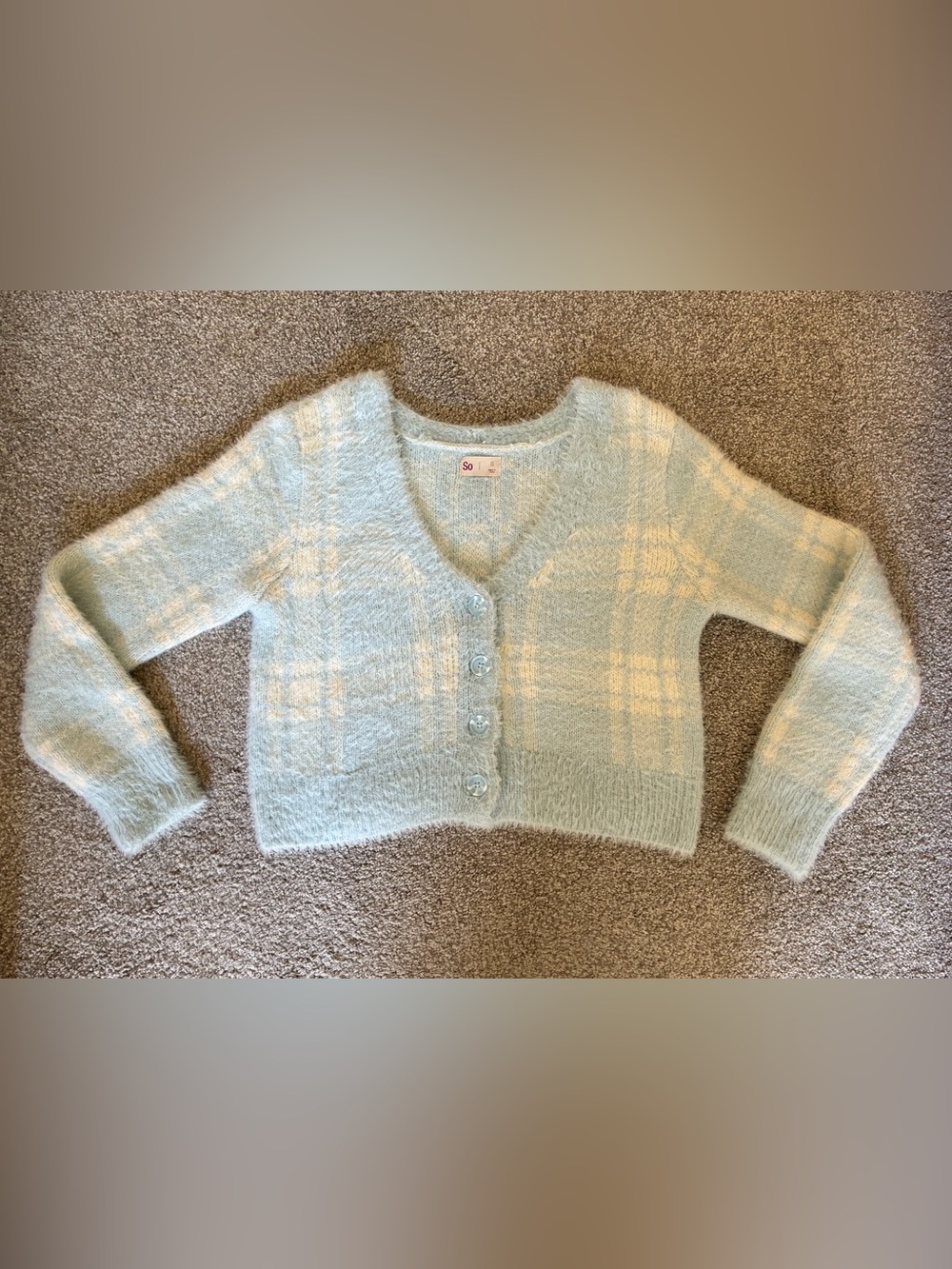 So by Kohls Blue and white plaid sweater; size S